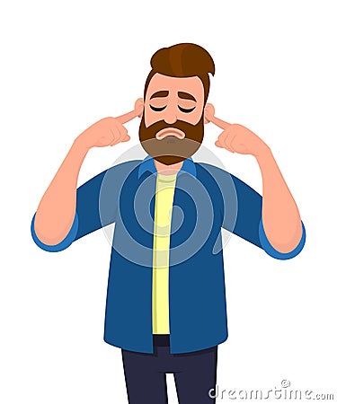 Man covering ears with fingers with annoyed expression for the noise of loud sound or music while eyes closed isolated standing. Vector Illustration