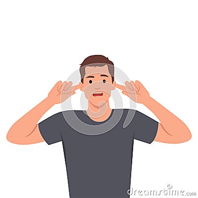 Man covering ears with fingers with annoyed expression for the noise of loud sound or music Vector Illustration