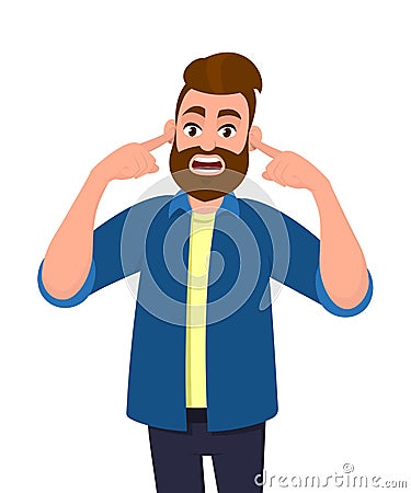 Man covering ears with fingers with annoyed expression for the noise of loud sound or music while standing isolated in white. Vector Illustration