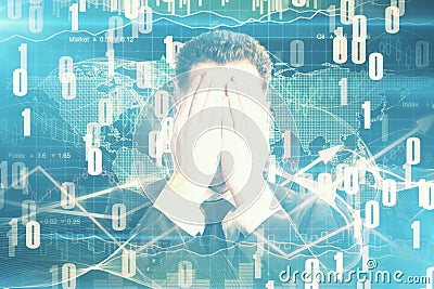 Man covering face on digital backdrop Stock Photo