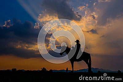 Man in a cowboy outfit with his horse Stock Photo