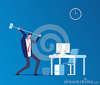 Man crashes computer. Frustrated angry user with hammer crashing workplace in office. Program problems and pc error Vector Illustration