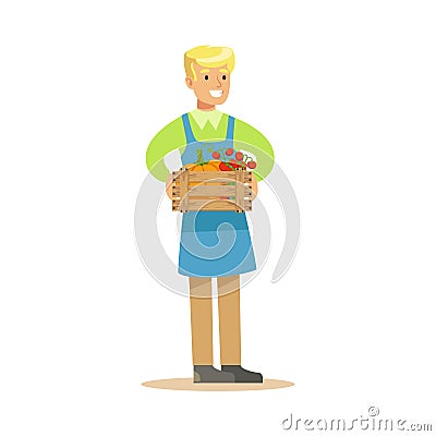 Man With Crate Of Fresh Vegetables, Farmer Working At The Farm And Selling On Natural Organic Product Market Vector Illustration