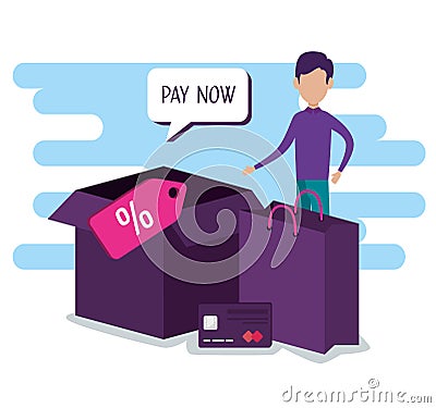 Man with credi card and online shopping package Vector Illustration