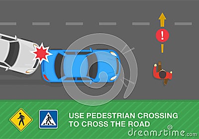 Man crossing the street in front of the car and causes a chain reaction collision. Vector Illustration