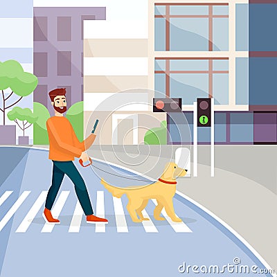 Man crossing street with guide-dog flat vector illustration. Crosswalk, traffic lights green signal. Blind people Vector Illustration