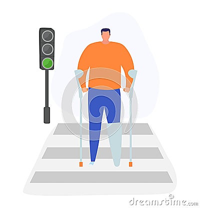 Man with crutches crossing road, green traffic light. Disabled adult male, recovery and accessibility, urban setting Vector Illustration