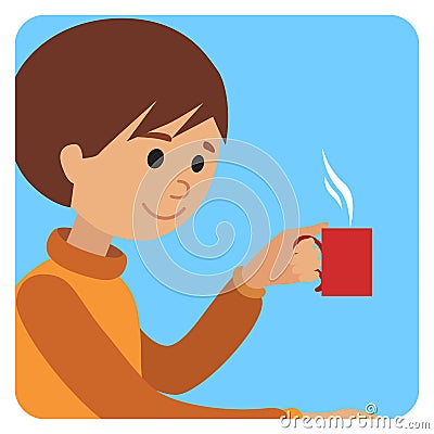 Man with cup in his hand drinking hot coffee. Vector illustration icon Vector Illustration