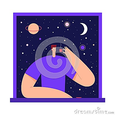 Man with cup of tea, coffee, in the window, enjoying the view of night starry sky and moon. Male modern character and space Cartoon Illustration