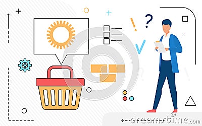 Man customer character with mobile phone and shopping basket line icons isolated Vector Illustration