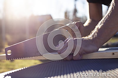 Man cuts a wooden product with a carpentry hand saw, in the sunshine on a warm summer day Stock Photo