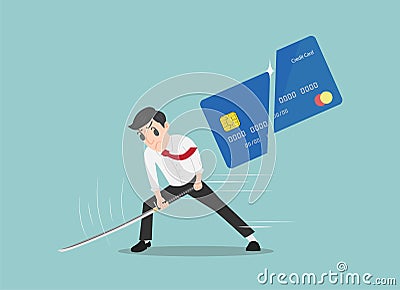 Man cutting a Credit Card with a Samurai Sword, Get out of Dept concept Vector Illustration