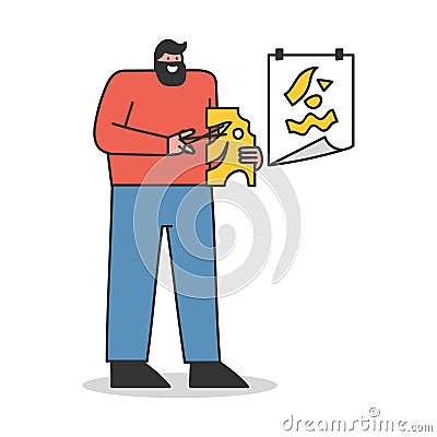 Man cutting paper and making abstract applique. Handmade artwork and creative hobby concept Vector Illustration