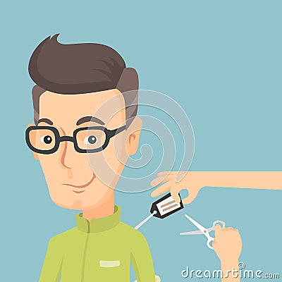 Man cutting price tag off new shirt. Vector Illustration