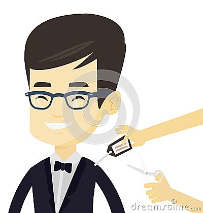 Man cutting price tag off new t-shirt. Vector Illustration