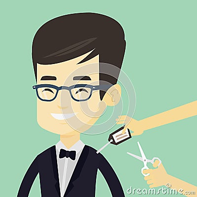 Man cutting price tag off new t-shirt. Vector Illustration