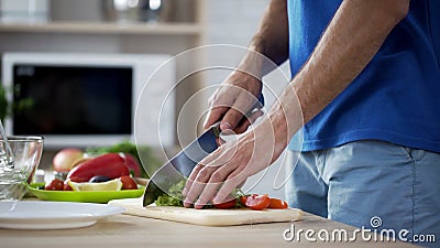 Man cutting tomatoes and lettuce preparing fresh vegetable salad, healthy eating Stock Photo