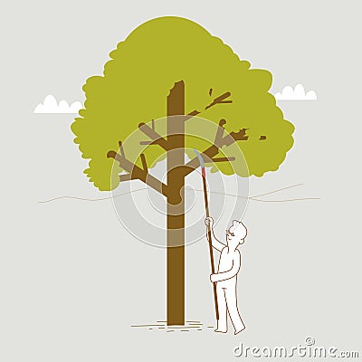 Man cutting tree branch using pruning saw with extended pole Vector Illustration