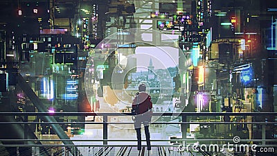 Man in the cyberpunk city Cartoon Illustration