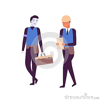 Man and cyborg working together flat vector illustration. Happy humanoid robot and engineer in uniform cartoon Vector Illustration