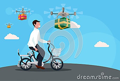 Man cycling bicycle drone flying delivery air packages shipment concept guy riding bike male cartoon character full Vector Illustration