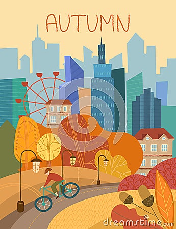 Man cycling through a city park in autumn with colorful orange foliage on the trees conceptual of the seasons Vector Illustration