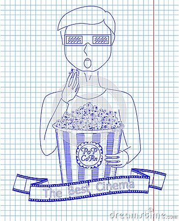 Man in 3D glasses eating delicious popcorn from a big striped c Vector Illustration