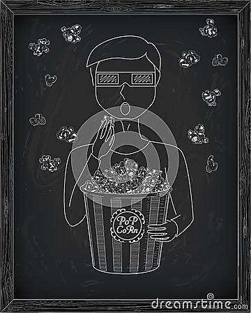 Man in 3D glasses eating delicious popcorn from a big striped ca Vector Illustration