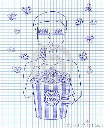 Man in 3D glasses eating delicious popcorn from a big striped ca Vector Illustration
