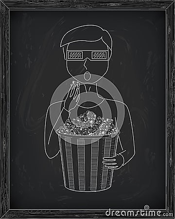 Man in 3D glasses eating delicious popcorn from a big striped Vector Illustration