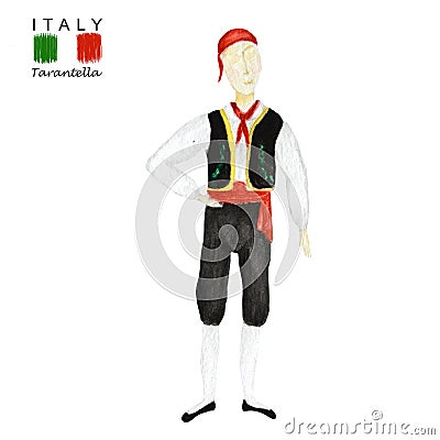 National costume dancing an Italian tarantella on white background. Man dancer in red black folk costume Italy Stock Photo