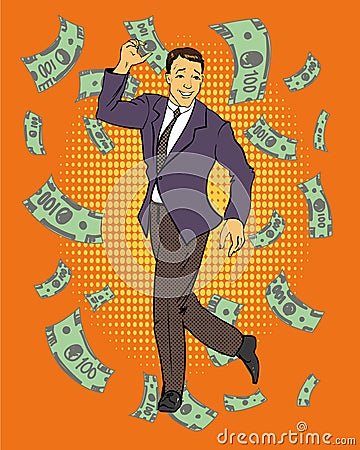 Man dancing with money flying around. Vector illustration in retro comic pop art style. Vector Illustration