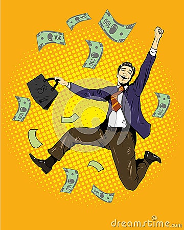 Man dancing with money flying around. Vector illustration in retro comic pop art style. Business and financial success Vector Illustration