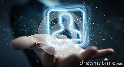 Man using digital blue holographic user interface 3D rendering Stock Photo