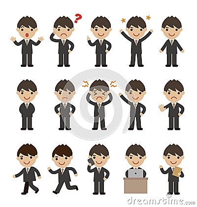 Man in dark grey suits, various pose and expression Vector Illustration