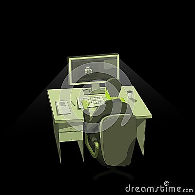 Man in the dark at night working at the computer alone. Cartoon Illustration