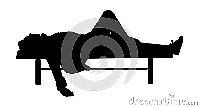 Man deeply sleeping or drunk, laying outdoors on a wooden park bench, silhouette. Cartoon Illustration