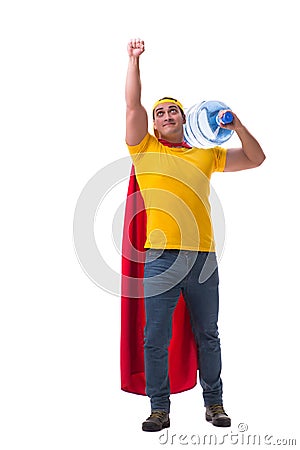 The man delivering water bottle on white Stock Photo