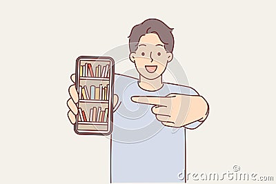 Man demonstrates online library with books on phone and points finger at display Vector Illustration