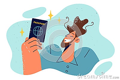 Man demonstrates passport of resident of state, rejoicing in successful immigration Vector Illustration