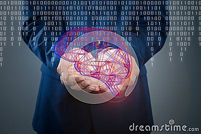 Man demonstrating digital image of brain on grey background, closeup. Machine learning concept Stock Photo