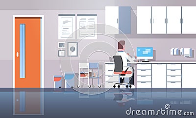 Man dentist sitting workplace using computer rear view doctor in uniform working process modern clinic office interior Vector Illustration