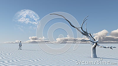 Man in desert with bare tree Stock Photo