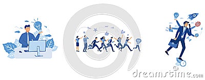 man designer found brilliant ideas, running away idea, unattainable thought, search for new solutions, Multitasking work, set flat Vector Illustration