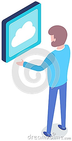 Man designs and creates application. Blue cloud storage button, data is stored on clients servers Vector Illustration