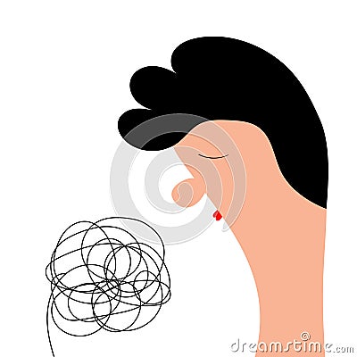 Man despair. Sad thoughts cloud. Guy profile face head. Depressive disorder. Frustration stress emotion. Cute cartoon sad Vector Illustration