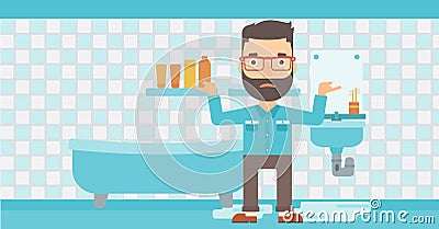 Man in despair standing near leaking sink. Vector Illustration