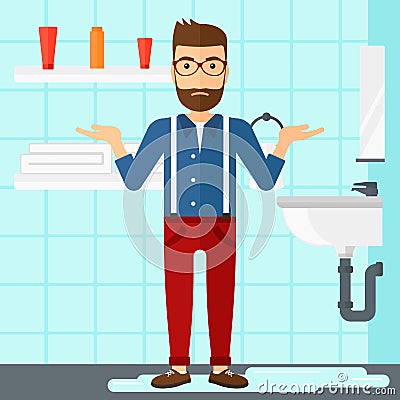 Man in despair standing near leaking sink. Vector Illustration