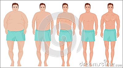 Man diet concept. Men slimming stage progress. Male before and after a diet. Vector Illustration