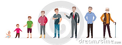 Man in different ages. Newborn boy teenager, adult man elderly person. Growth stages, people generation. Vector cartoon Vector Illustration